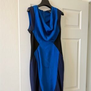 Etcetera Royal Blue and Navy Colorblock Cowl-Neck Midi Dress